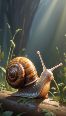 Snail on a log in a forest