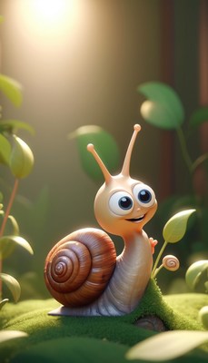 Smiling snail in a forest clearing