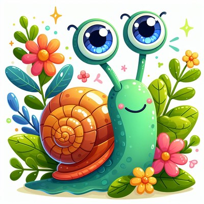 Cartoon snail among flowers
