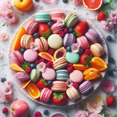 Colorful macarons and fruit platter