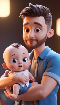 Animated man holding baby