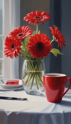 Red gerbera daisies in vase on table