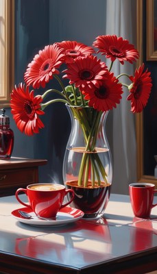 Red gerbera bouquet and coffee cups