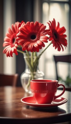 Red gerbera daisies and coffee cup on table