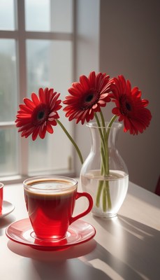 Red gerbera daisies and coffee by window
