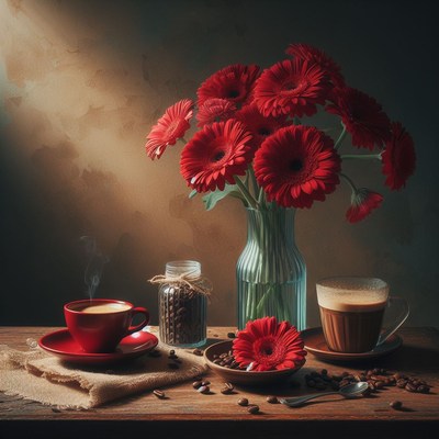 Coffee and gerbera daisies still life