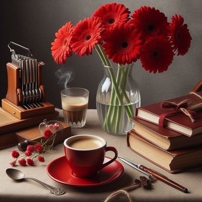 Still life with red gerbera daisies and coffee