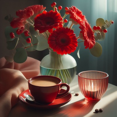 Red gerbera daisies and coffee