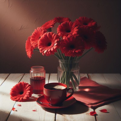 Red gerbera daisies and coffee on table