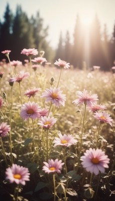 Pink wildflowers field at sunset