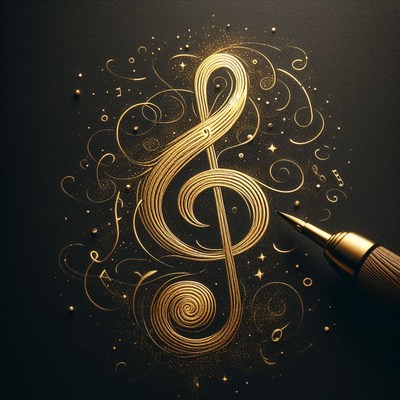 Golden treble clef drawing on black paper