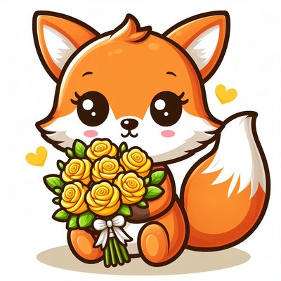 Cute fox holding yellow roses