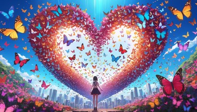 Girl stands beneath heart-shaped butterfly swarm