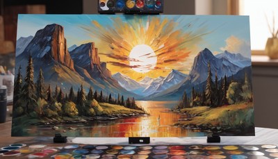 Mountain lake sunset painting