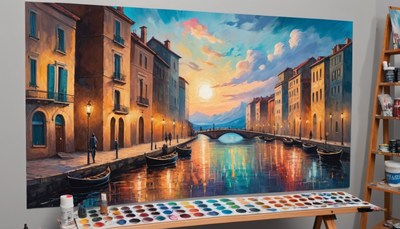 Cityscape painting with sunset and bridge