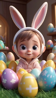 Girl with bunny ears surrounded by easter eggs