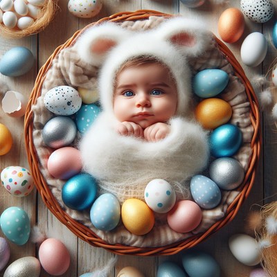 Baby in bunny hat surrounded by easter eggs