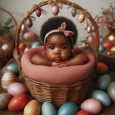 Baby in easter basket with eggs