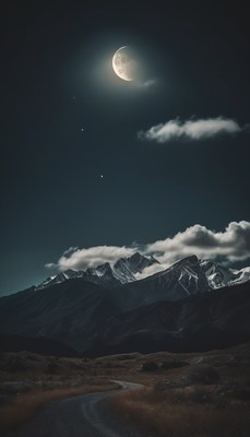 Crescent moon over mountain road