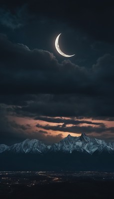 Crescent moon over snowy mountains