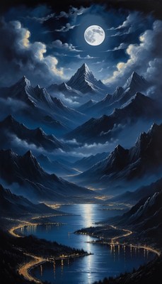 Moonlight over mountain lake