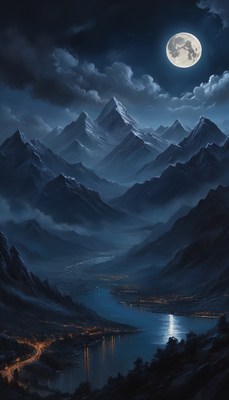 Moonlit mountains and lake at night