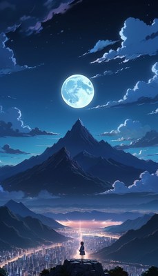 Girl gazing at city lights under full moon