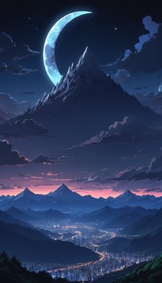 Crescent moon over mountain city