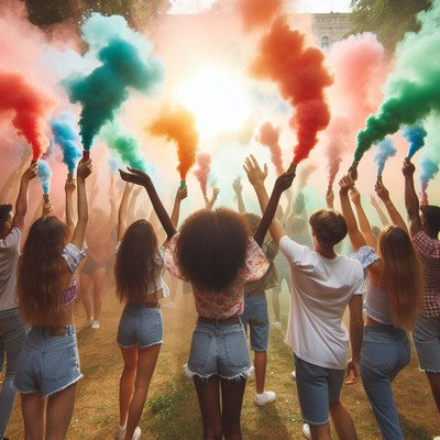 Group celebrating with smoke bombs