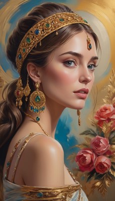 Woman in golden headband and jewelry