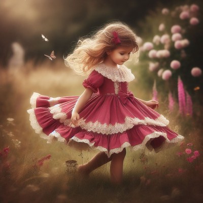 Girl in pink dress spinning in field