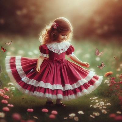 Girl in red dress with butterflies