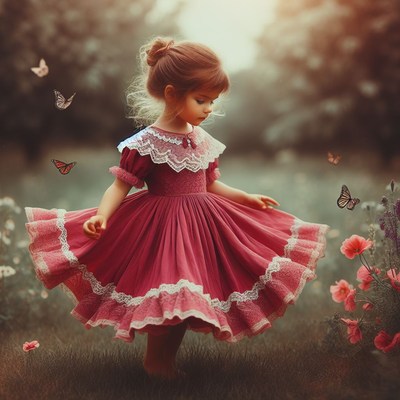 Girl in red dress spins in garden