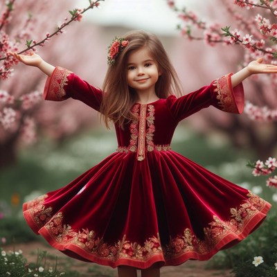 Girl in red dress among blossoms