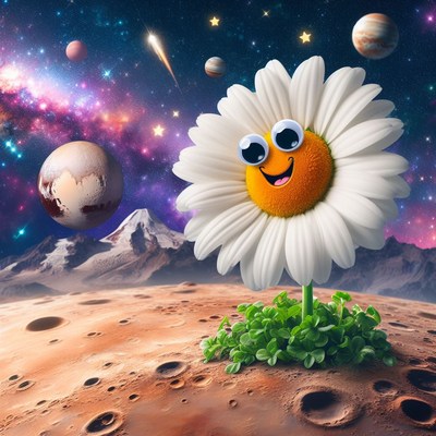 Smiling daisy on a space planet