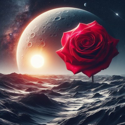 Rose and moonrise over a wavy sea
