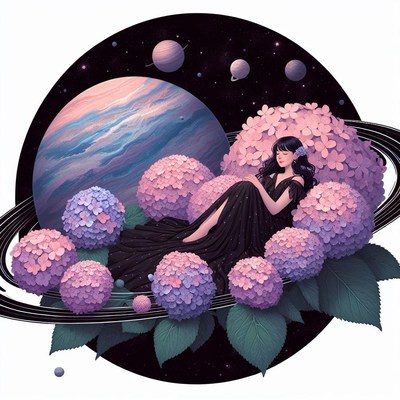 Woman resting on hydrangeas in space