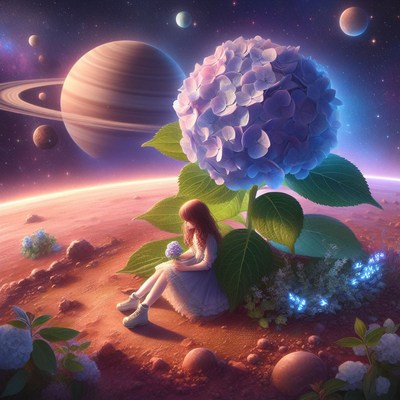 Girl sitting under giant hydrangea on alien planet