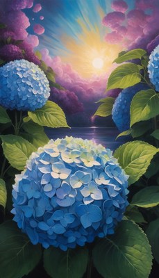 Blue hydrangeas at sunset