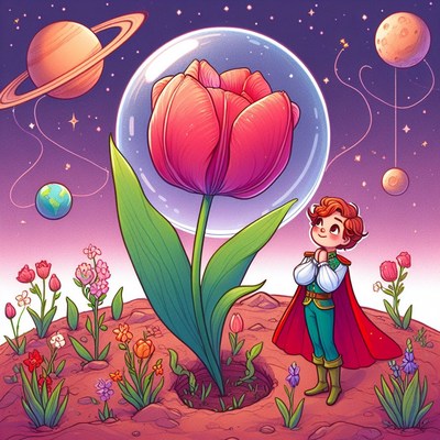 The little prince admires a giant tulip