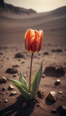 Single tulip in desert landscape