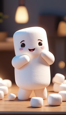Happy marshmallow character on tabletop