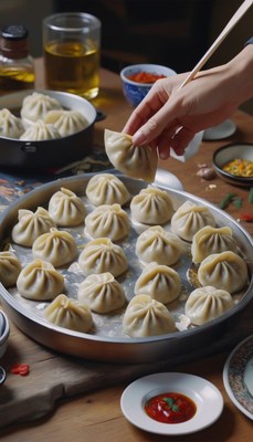 Steamed dumplings on a wooden table