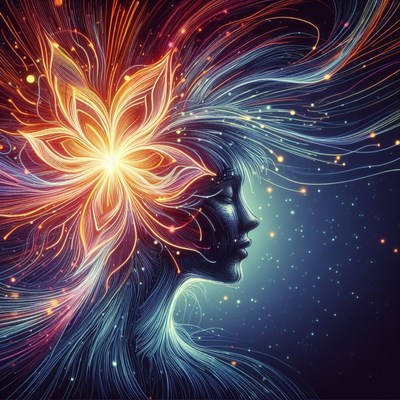 Woman with flower head and glowing hair