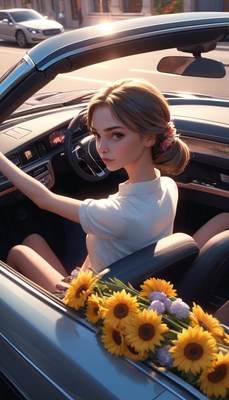 Woman driving convertible with sunflowers