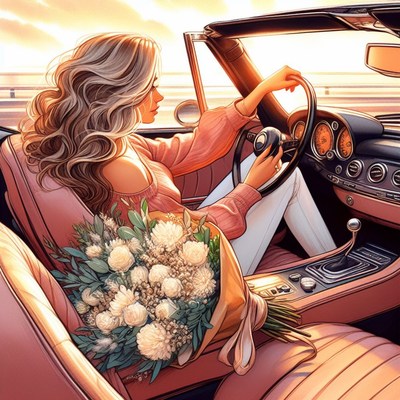 Woman driving convertible with flowers