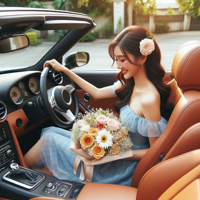 Woman driving convertible with flowers