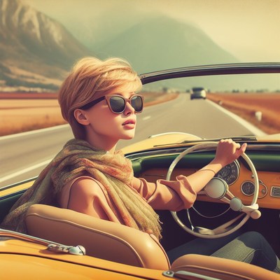 Woman driving vintage convertible on open road
