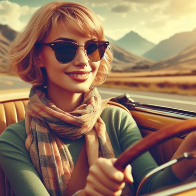 Woman driving convertible on country road
