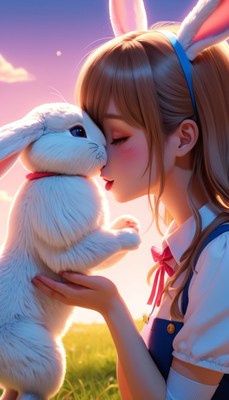 Girl kisses white rabbit in field